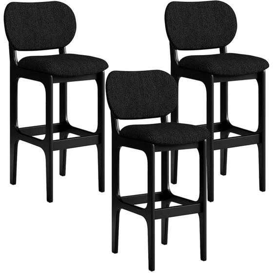 Imagem de Kit 3 Banquetas Alta Bar Cozinha Sala Jantar Fixa Betta L02 Preto Linho Chumbo - Lyam Decor