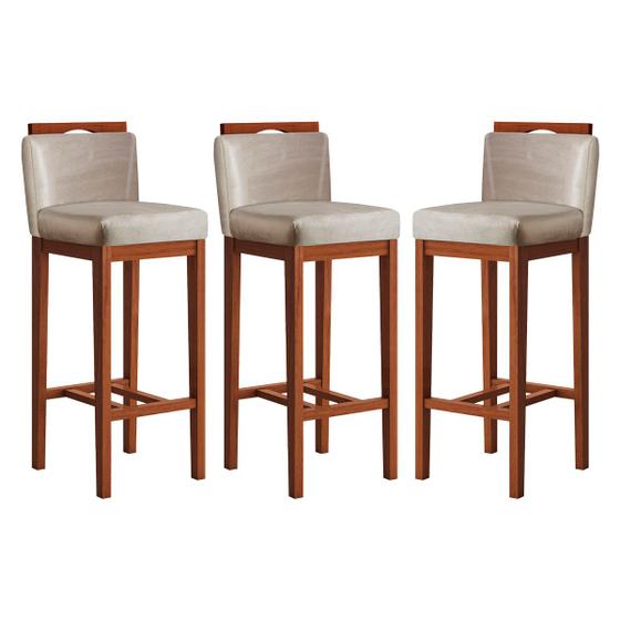 Imagem de Kit 3 Banquetas Alta com Encosto 38x102 Cm Líbia Madeira Maciça Suede CCS