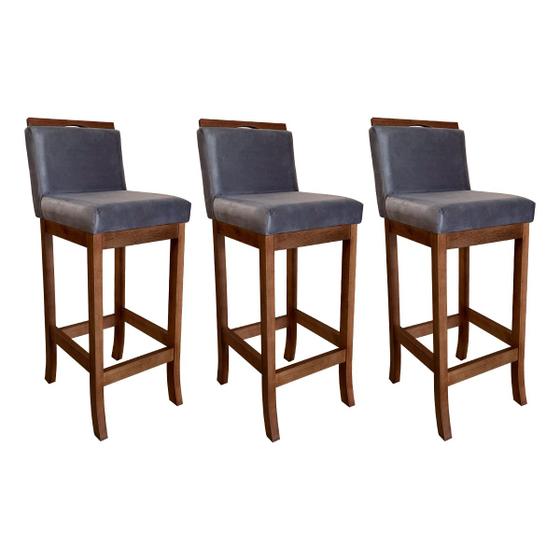 Imagem de Kit 3 Banquetas Alta Gourmet Estofada com Encosto 38 x 102 Cm Turim Madeira Maciça Suede Cinza CCS