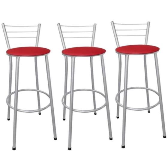 Imagem de Kit 3 Banquetas Alta Prata com Assento Vermelho Fortmix