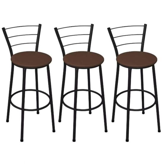 Imagem de Kit 3 Banquetas Alta Preta com Encosto Assento Marrom Jaddi