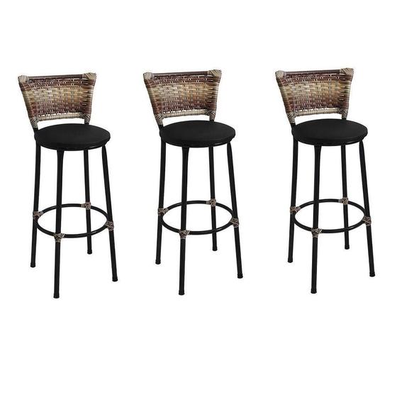 Imagem de Kit 3 Banquetas Alta Preta Junco Capuccino com Assento Preto Fortmix