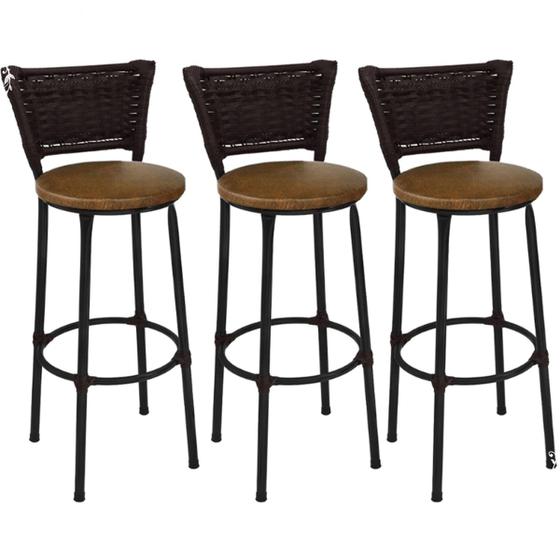 Imagem de Kit 3 Banquetas Altas Preta com Encosto Junco Argila Assento Marrom