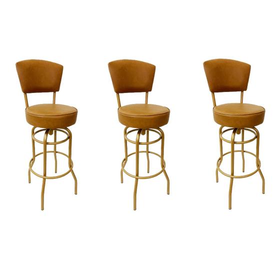 Imagem de Kit 3 Banquetas Bar Bancada Média Altura 65cm cor Dourado Fosco Giratória Encosto estofado Assento cor Caramelo