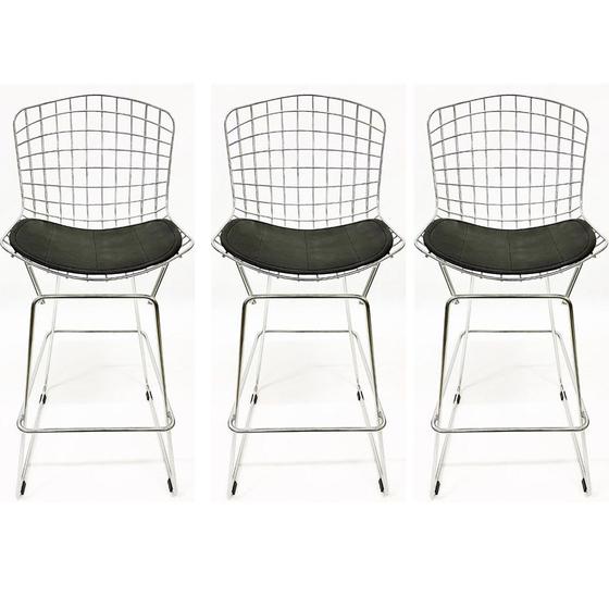 Imagem de Kit 3 Banquetas BERTOIA cromada assento preto altura 70cm - Poltronas do Sul