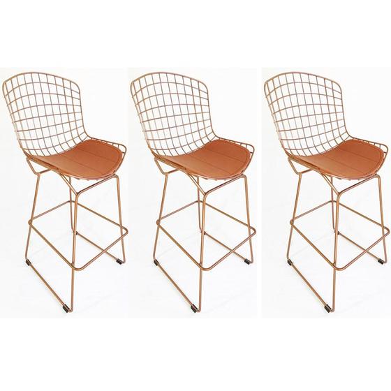 Imagem de Kit 3 Banquetas BERTOIA maciça Cobre altura 70cm - Poltronas do Sul