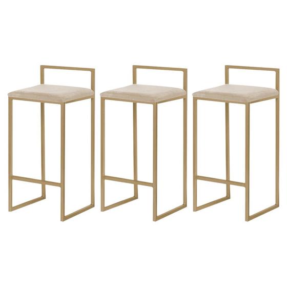 Imagem de Kit 3 Banquetas Decorativa Jasmine Base Gold Veludo Bege G41 - Gran Belo