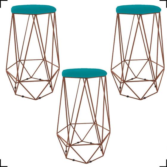 Imagem de Kit 3 Banquetas Decorativas Para Sala Hexagonal Aramado Base Bronze/Dourada/Preta Suede Cores - Clique E Decore