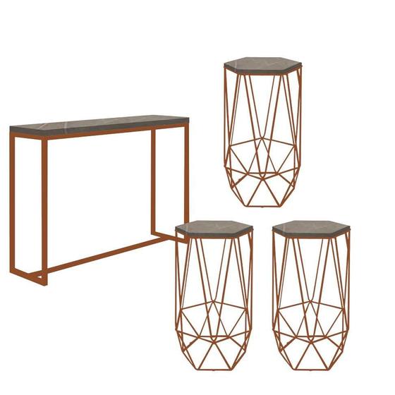 Imagem de Kit 3 Banquetas Liz + 1 Mesa Bancada Mavie 150cm Industrial Ferro Bronze MDF Marmorizado - Ahazzo Móveis