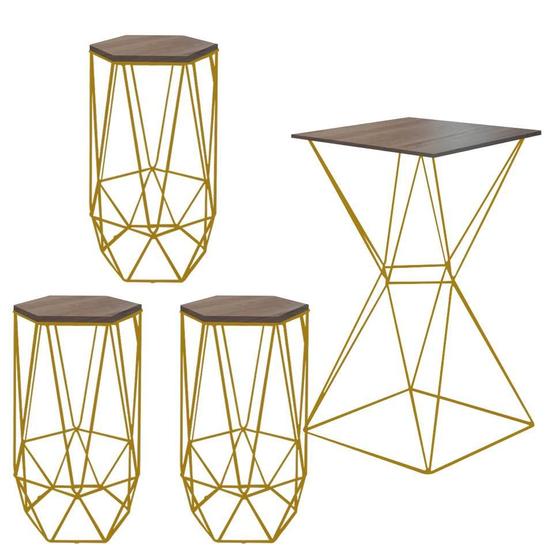 Imagem de Kit 3 Banquetas Liz + 1 Mesa Bistrô Lucca Industrial Ferro Dourado MDF Imbuia - Ahazzo Móveis