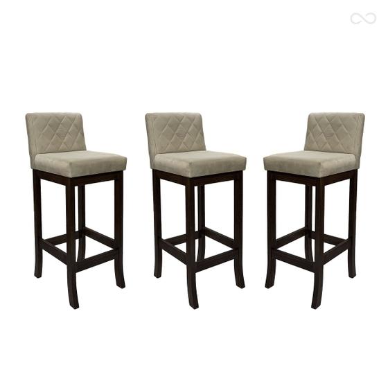 Imagem de Kit 3 Banquetas Média com Encosto Matelassê Tóquio Madeira Maciça Maciça Suede Bege CCS