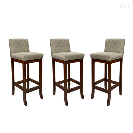 Imagem de Kit 3 Banquetas Média com Encosto Matelassê Tóquio Madeira Maciça Suede Bege CCS