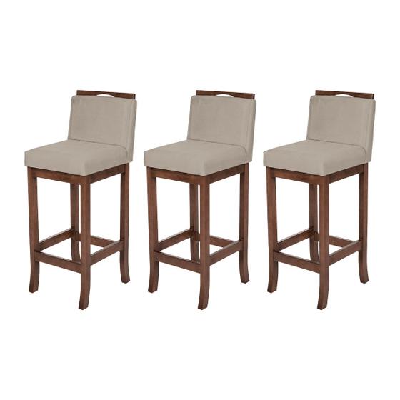 Imagem de Kit 3 Banquetas Média com Encosto Turim Madeira Capuccino Suede Bege CCS