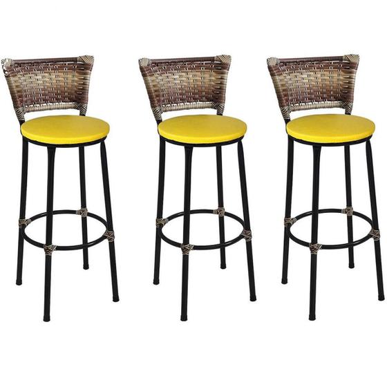 Kit 3 Banquetas Médias Preta c/ Encosto Junco Capuccino Assento Amarelo Menor preço em Kit 3 Banquetas Médias Preta c/ Encosto Junco Capuccino Assento Amarelo
