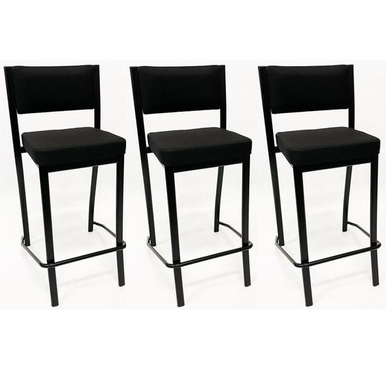 Kit 3 Banquetas para cozinha Empilhável preta assento e encosto estofados em linho cor preto Altura 65cm - Poltronas do Sul Menor preço em Kit 3 Banquetas para cozinha Empilhável preta assento e encosto estofados em linho cor preto Altura 65cm - Poltronas do Sul