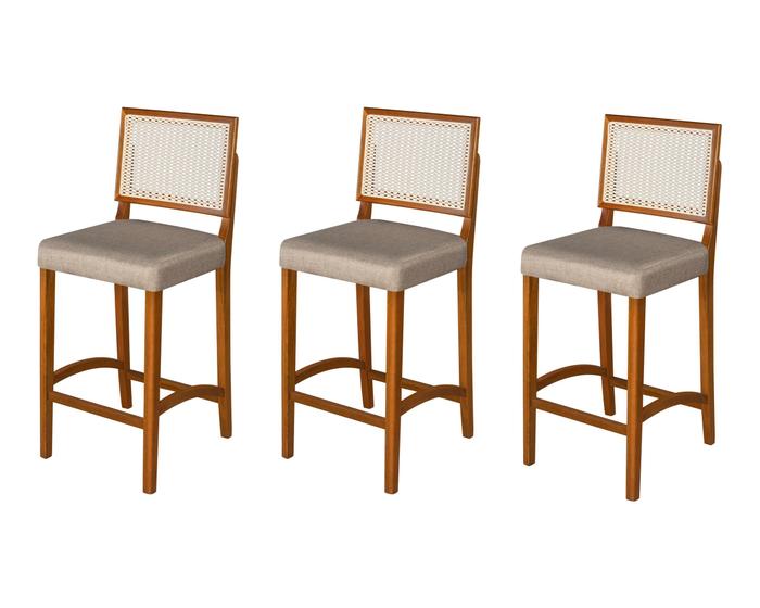Imagem de Kit 3 Banquetas Roma Área Sacada Premium Pés Em Madeira Maciça Encosto Em Rattan Alta Bar Luxo Comforto Banco Balcão