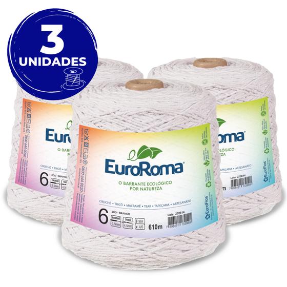 Imagem de Kit 3 Barbante Euroroma 600g 610m Fio N6 - Cor 200 Branco - Crochê / Tricô