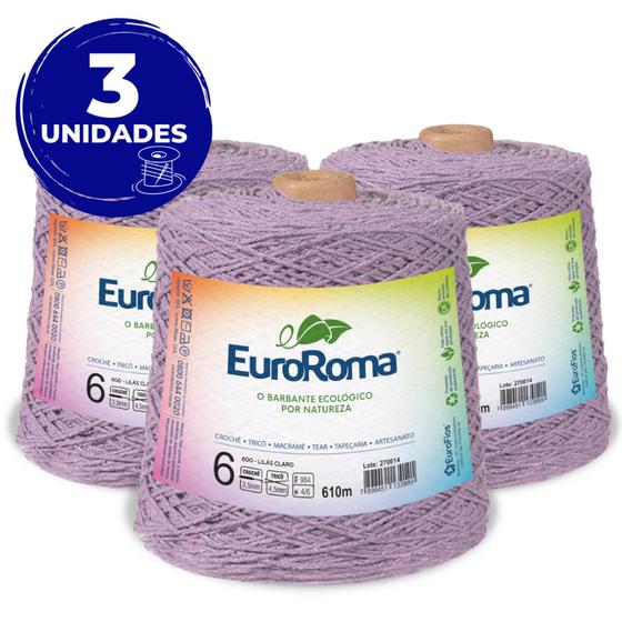 Imagem de Kit 3 Barbante Euroroma 600g 610m Fio N6 - Cor 600 Lilás - Crochê / Tricô