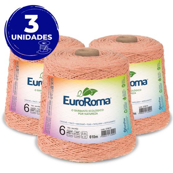 Imagem de Kit 3 Barbante Euroroma 600g 610m Fio N6 - Cor 700 Salmão - Crochê / Tricô