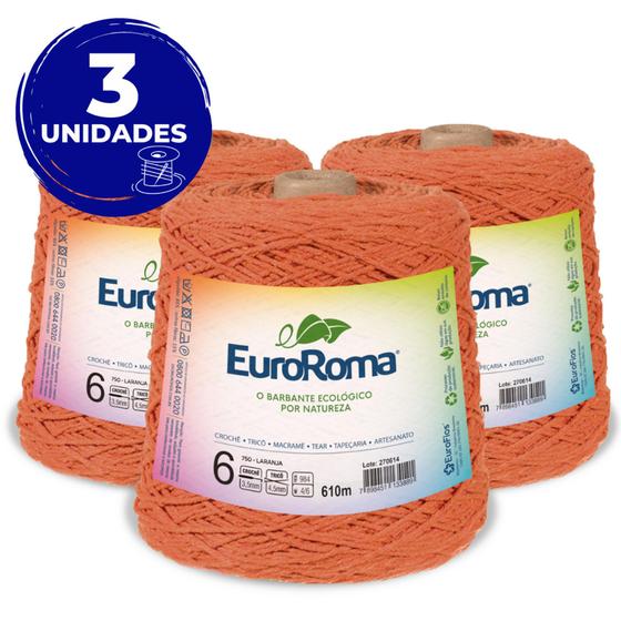 Imagem de Kit 3 Barbante Euroroma 600g 610m Fio N6 - Cor 750 Laranja - Crochê / Tricô