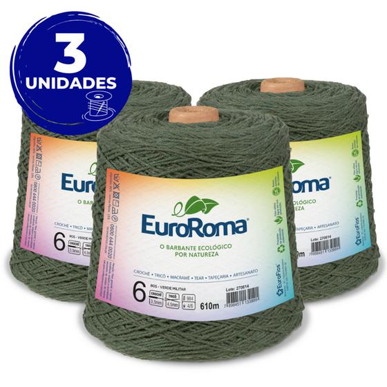 Imagem de Kit 3 Barbante Euroroma 600g 610m Fio N6 - Cor 805 Verde Militar - Crochê / Tricô