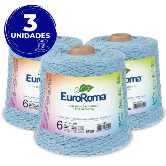 Imagem de Kit 3 Barbante Euroroma 600g 610m Fio N6 - Cor 900 Azul Bebê - Crochê / Tricô