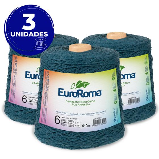 Imagem de Kit 3 Barbante Euroroma 600g 610m Fio N6 - Cor 902 Azul Petróleo - Crochê / Tricô