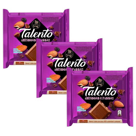 Imagem de kit 3 Barra Chocolate Talento Amêndoas com Passas Garoto 85g