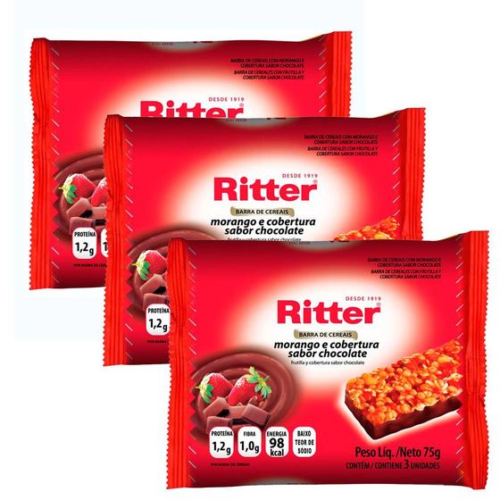 Imagem de Kit 3 Barra de Cereais Ritter Morango e Cobertura Sabor Chocolate com 3 Unidades de 25g cada