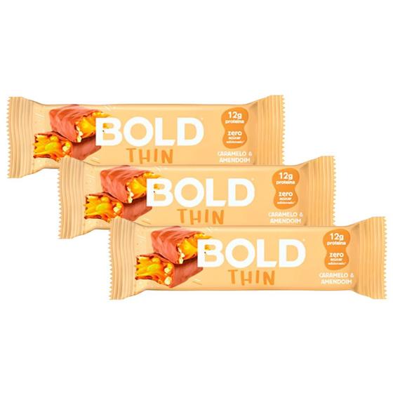 Imagem de Kit 3 Barra de Proteína Bold Thin Sabor Caramelo e Amendoim 12g de Proteína Zero Açúcar com 40g