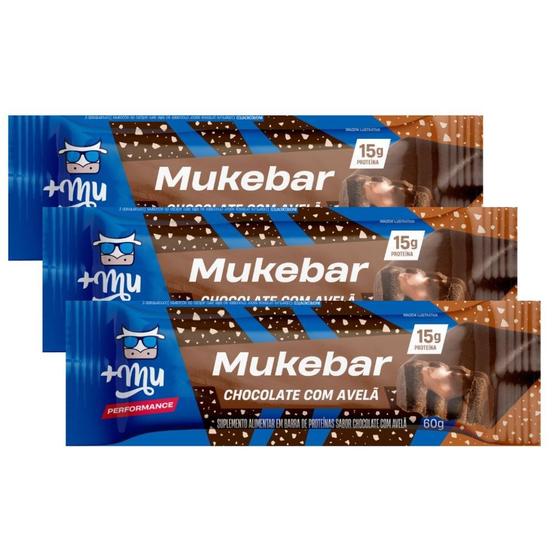 Imagem de Kit 3 Barra Proteína +Mu Mukebar com 15g de Proteína Chocolate com Avelã 60g