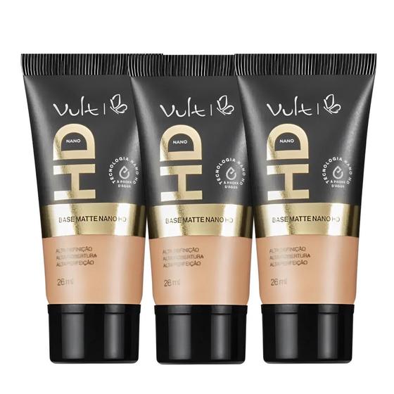 Imagem de Kit 3 Base Facial Líquida Matte Cor V110 Técnologia Nano HD a Prova D Água 26ml Make Vult