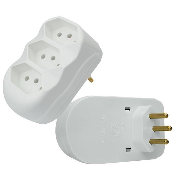 Imagem de Kit 3 Benjamim Adaptador de Tomada Reto Tripolar 3 Saídas Tomada Tripla 2P+T 10A 250V Com Inmetro