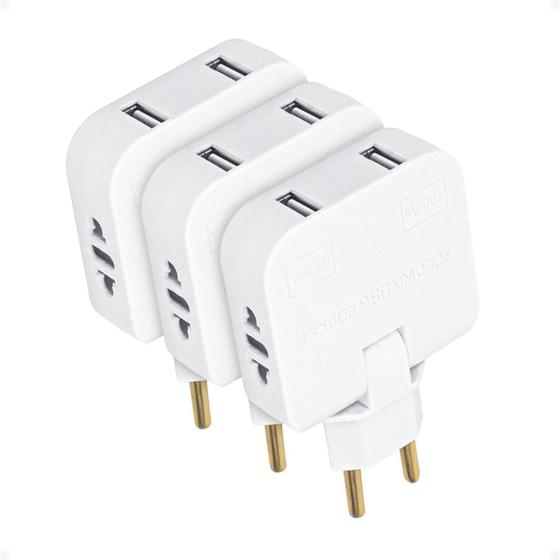 Imagem de Kit 3 Benjamim Adaptador T Articulado 16A 2 Plug USB Bivolt