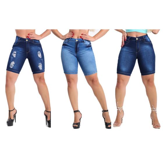 Imagem de Kit 3 Bermuda Jeans Feminina Ciclista Cintura Alta Com Lycra