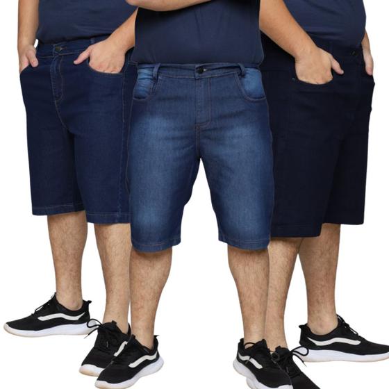 Imagem de Kit 3 Bermudas Jeans Masculina Lycra Elastano Slim Premium Tradicional  Algodão Plus Size 58 ao 62