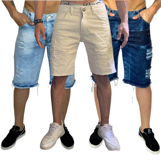 Imagem de kit 3 bermudas rasgadas masculinas botão jeans