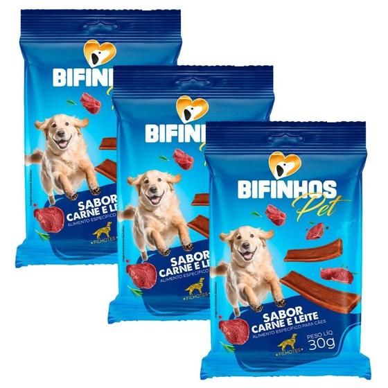 Imagem de Kit 3 Bifinhos Pet para Cães Filhotes Sabor Carne e Leite 30g