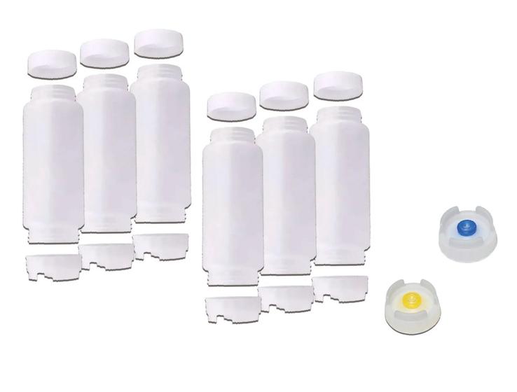 Imagem de Kit 3 Bisnagas 473 ml (16 Oz) Bico NSF Com Válvula AZUL Para Consistência Grossa + 3 Bisnagas 473 ml (16 Oz) Bico NSF Com Válvula AMARELA Para Consist
