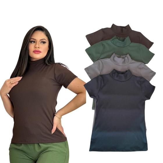 Imagem de Kit 3 Blusa Canelada Gola Alta Com Manga Curta Blusinha Top