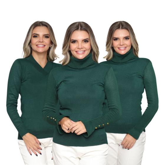 Imagem de Kit 3 Blusa Feminina Tricô Decote V Gola Alta Manga Botão Lã Lisa Inverno