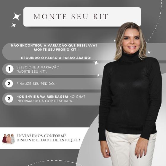 Imagem de Kit 3 Blusa Feminina Tricô Decote V Gola Alta Manga Botão Lã Lisa Inverno