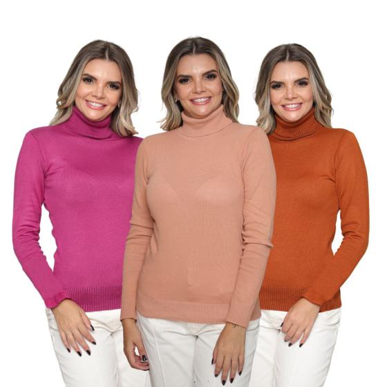 Imagem de Kit 3 Blusa Feminina Tricô Gola Alta Cacharrel Manga Longa Lã Lisa