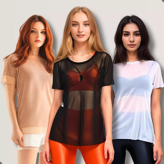 Imagem de Kit 3 Blusa Tule Feminina Academia Transparente Tshirt Lisa