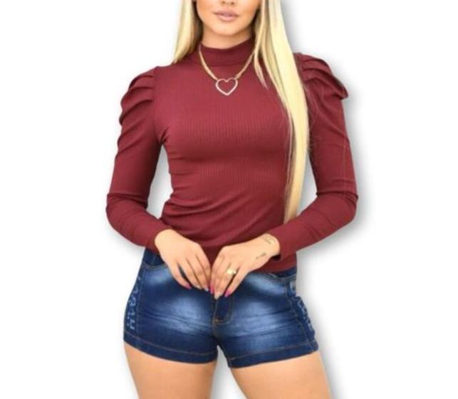 Imagem de Kit 3 Blusas canelada feminina manga longa princesa gola alta casual