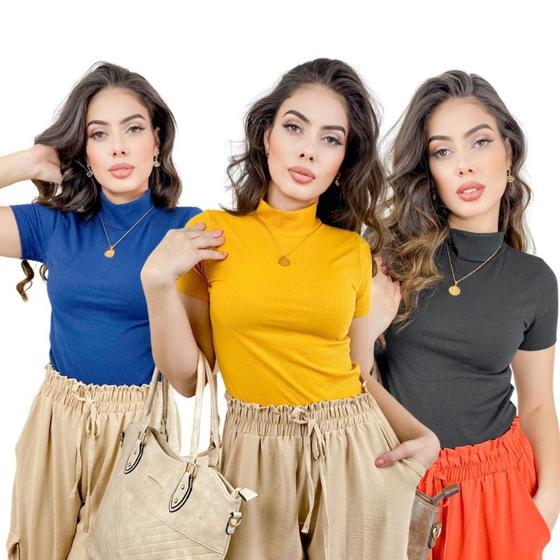 Imagem de Kit 3 blusas canelada gola alta manga curta básica moda casual feminina fashion