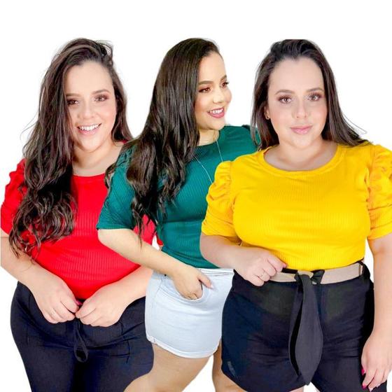 Imagem de Kit 3 blusas canelada plus size manga curta bufante princesa moda feminina elegante