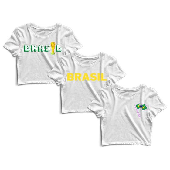 Imagem de Kit 3 Blusas Cropped Blusinha Camiseta Feminina Brasil Bandeira Copa Taça da Copa