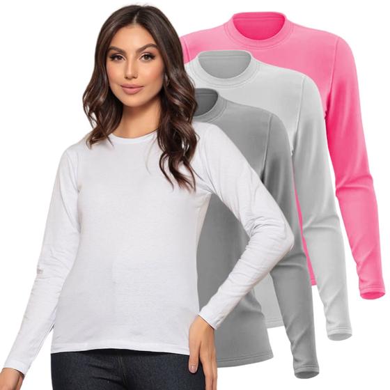 Imagem de Kit 3 Blusas de Frio Camiseta Feminina Manga Longa Algodão Fafenix