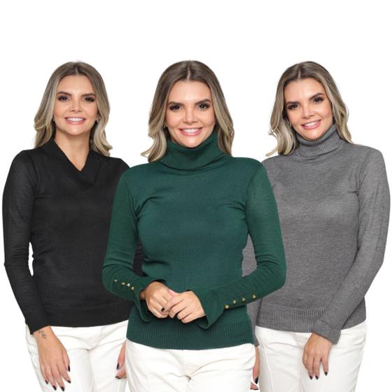 Imagem de Kit 3 Blusas Feminina de Tricot Manga Longa Tendência Frio 2024